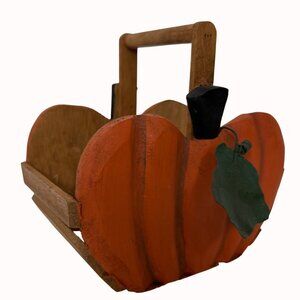 Autumn Wooden Pumpkin Cage Basket Handle Rustic Folk Art Decor Metal Leaf Center